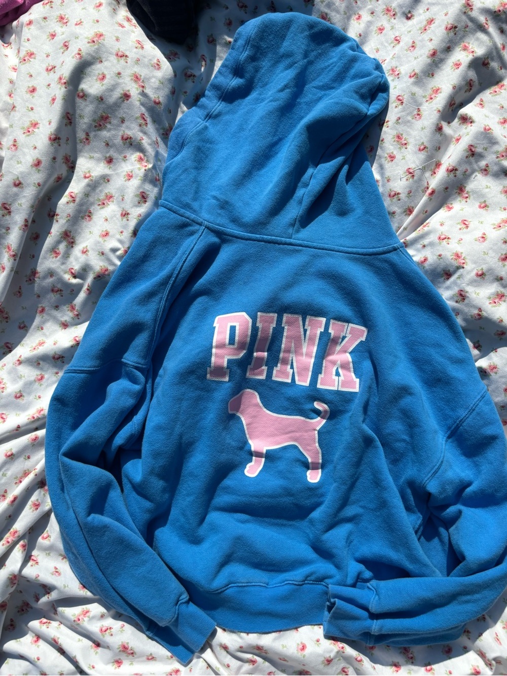 PINK Victoria's Secret Bright Blue Zip-Up Hoodie with Pink Dog Patch - Picture 2 of 3